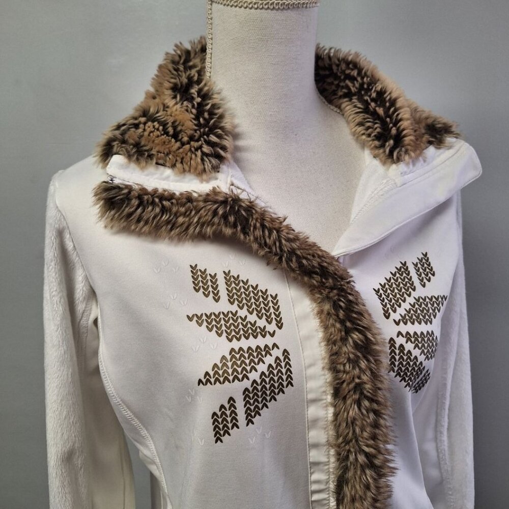 Luhta Faux Fur Full Zip Sweatshirt Jacket White Womens XL Brown Board Ski Lodge